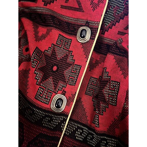 VTG Tina Barrie Jacket Aztec Print Red Gold Button Collarless 3/4 Sleeve 16 - Picture 4 of 4